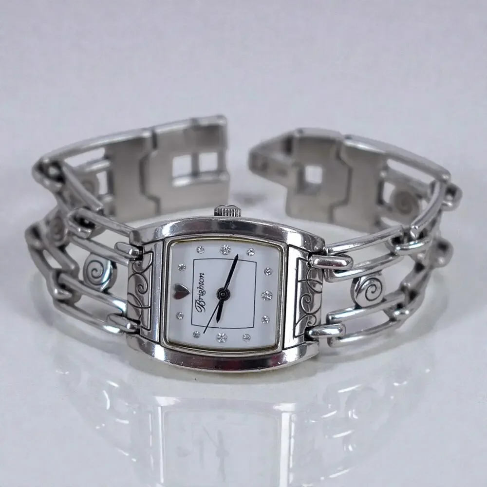 Brighton Malibu Square Links Swirl Watch Silver Plated Fold Over Clasp Retired